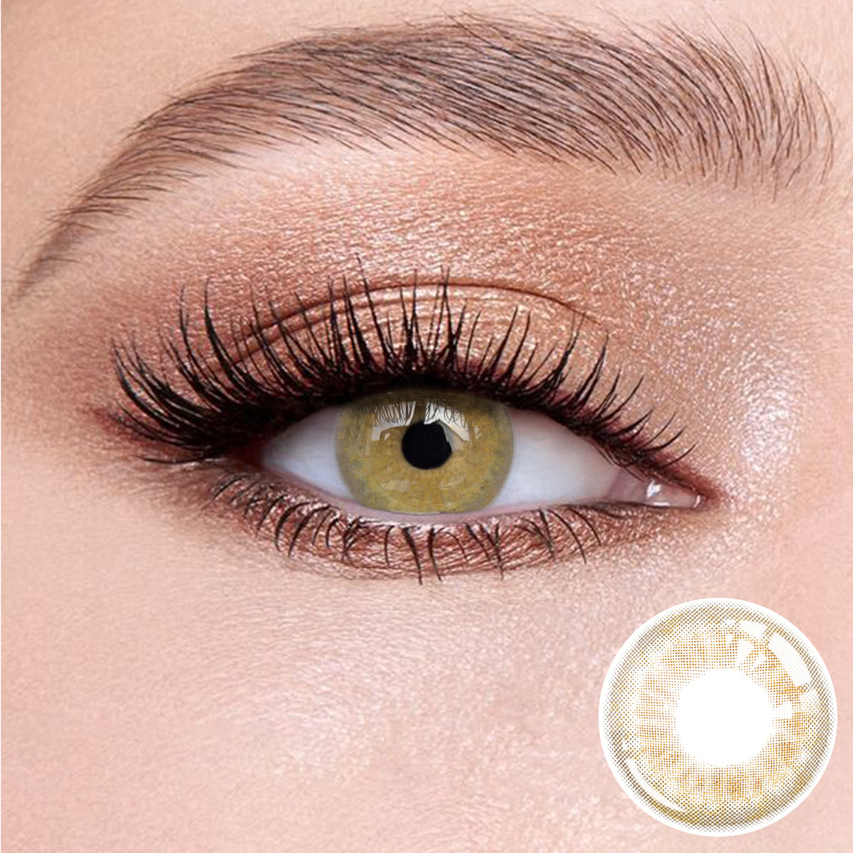 The effect of wearing Delicious Honey Brown Contact Lenses, with a close-up of the product in the lower right corner