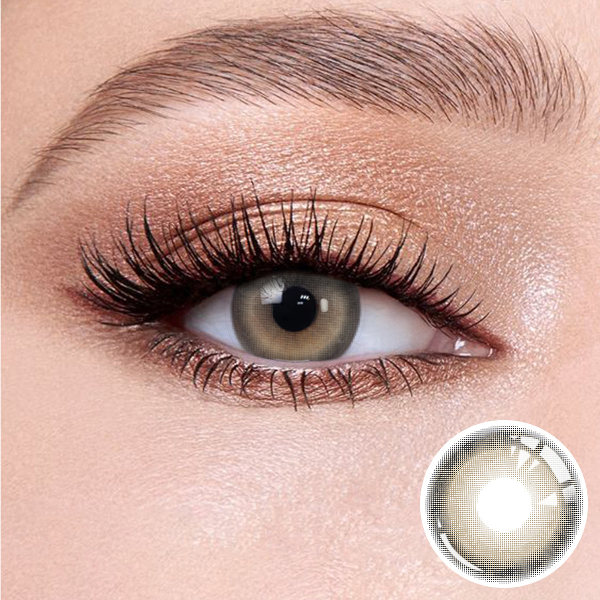 The effect of wearing Glass Beige Gray Contact Lenses, with a close-up of the product in the lower right corner