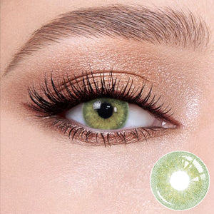Banshe Green contact lenses on the eyes, close-up of the product on the lower right