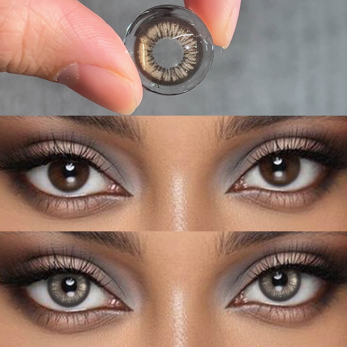 Close-up of the eyes and the product before and after wearing Jennie Grey I Contact Lenses