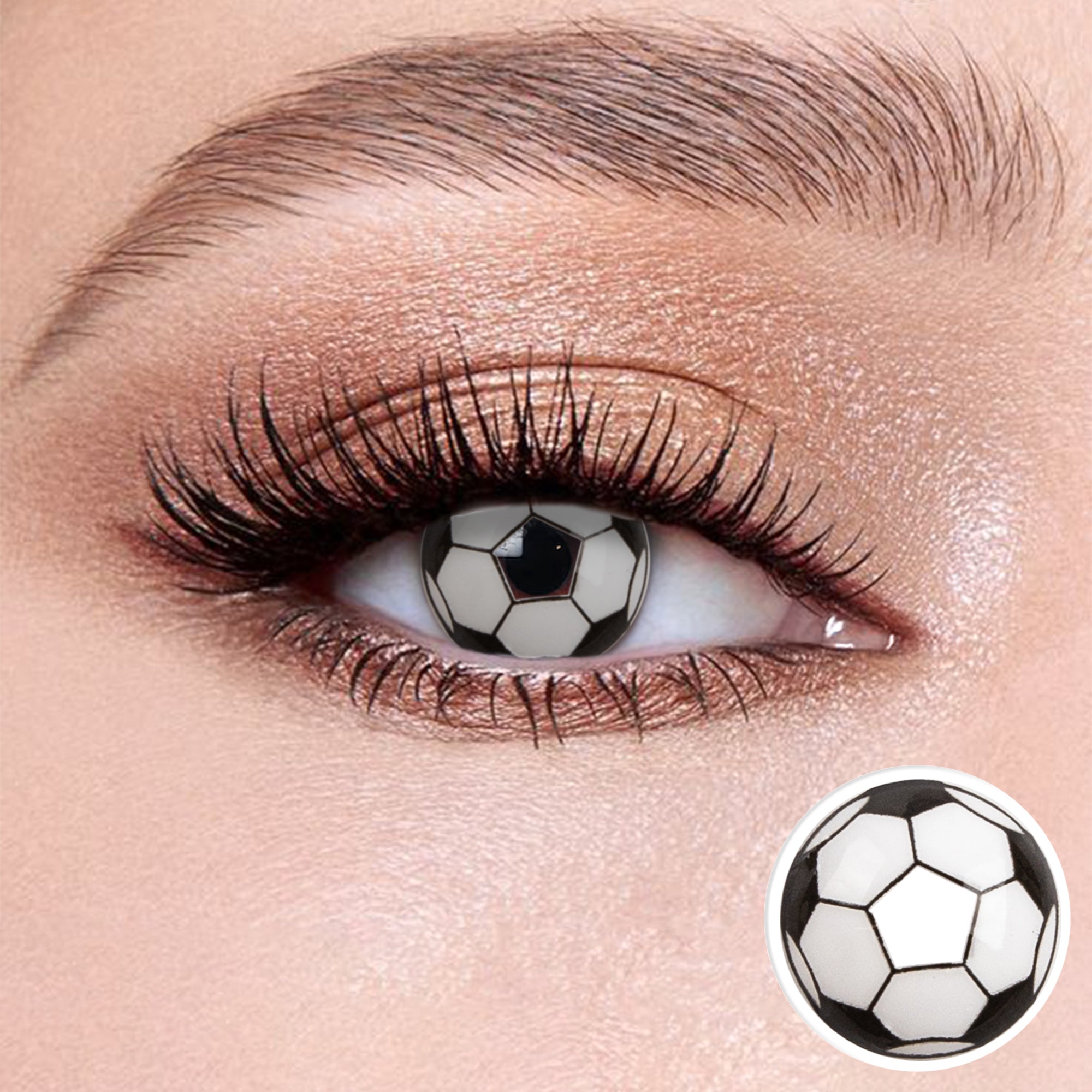 The effect of wearing Cosplay Football Contact Lenses, with a close-up of the product in the lower right corner
