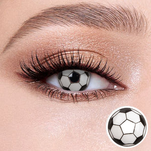 The effect of wearing Cosplay Football Contact Lenses, with a close-up of the product in the lower right corner