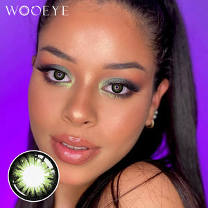 The girl's face is looking straight ahead, the upper left is the Wooeye logo, and the lower left is a close-up of the pearl green contact lens