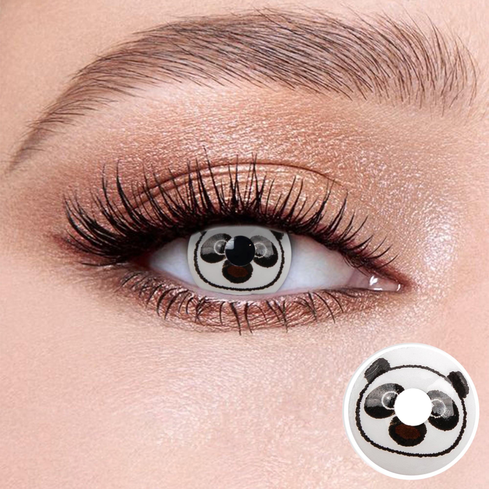 The effect of wearing Cosplay Panda Contact Lenses, with a close-up of the product in the lower right corner