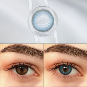 Before and after wearing Queen Ice Blue Contact Lenses