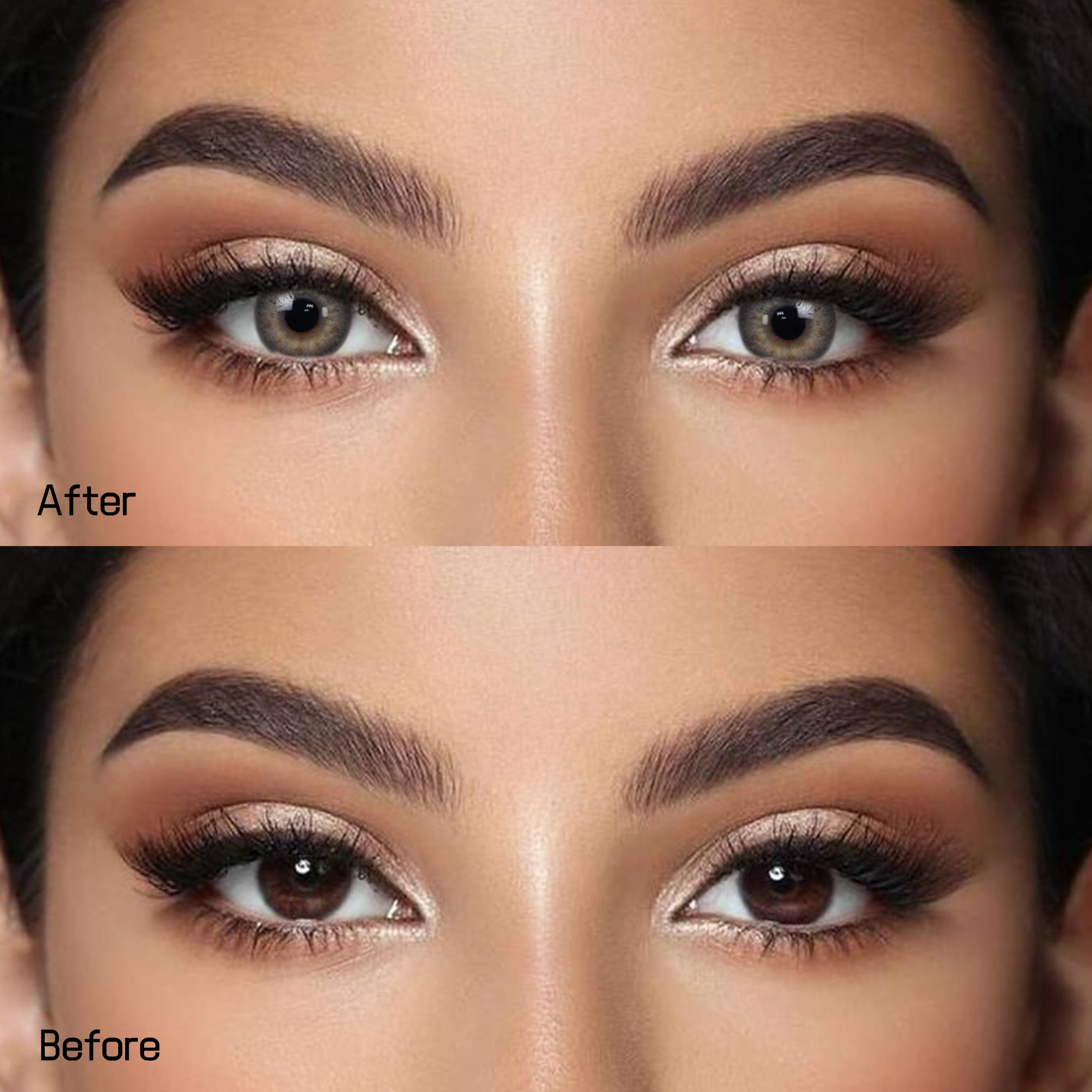Before and after wearing Banshe Gray Contact Lenses