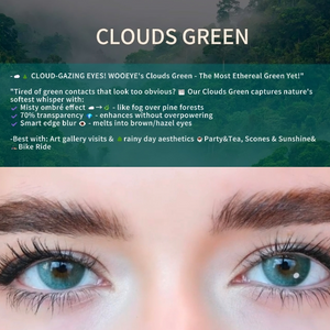 A pair of eyes wearing 'Clouds Green' contact lenses, described as having a misty ombré effect that blends into brown/hazel eyes.