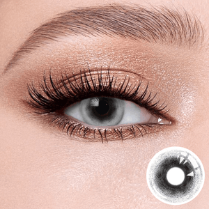 halloween black white contact lenses on the eyes, close-up of the product on the lower right