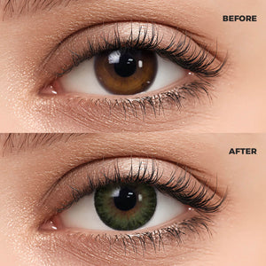 A macro photography comparison of a woman's eye. The top section, marked "BEFORE," shows the natural dark brown iris. The bottom section, marked "AFTER," features the same eye wearing a realistic and enhanced Queen Green II Contact Lenses.