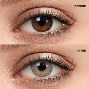 A macro photography comparison of a woman's eye. The top section, marked "BEFORE," shows the natural dark brown iris. The bottom section, marked "AFTER," features the same eye wearing a realistic and enhanced Mousse Gray Contact Lenses.