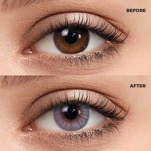 Girl wearing Dreamland Purple Contact Lenses contact lenses before and after effect
