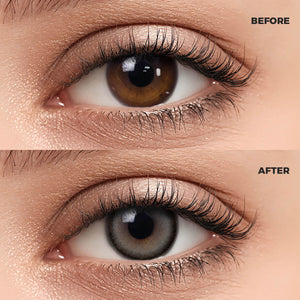 Girl wearing Black Pearl Gray Contact Lenses contact lenses before and after effect