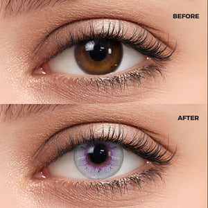 Girl wearing Salty purple contact lenses before and after effect