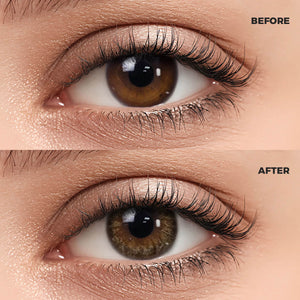 Girl wearing Delicious Honey Brown Contact Lenses contact lenses before and after effect