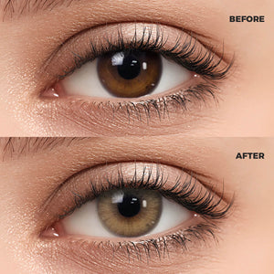 A macro photography comparison of a woman's eye. The top section, marked "BEFORE," shows the natural dark brown iris. The bottom section, marked "AFTER," features the same eye wearing a realistic and enhanced Mousse Brown I Contact Lenses.
