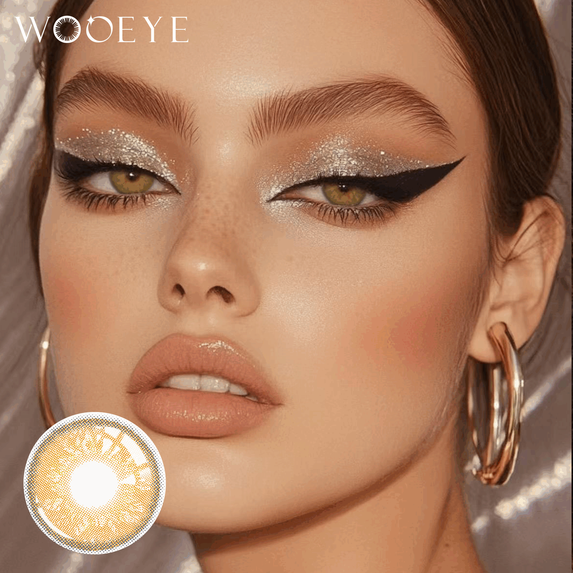 The girl's face is looking straight ahead, the upper left is the Wooeye logo, and the lower left is a close-up of the russian brown contact lens