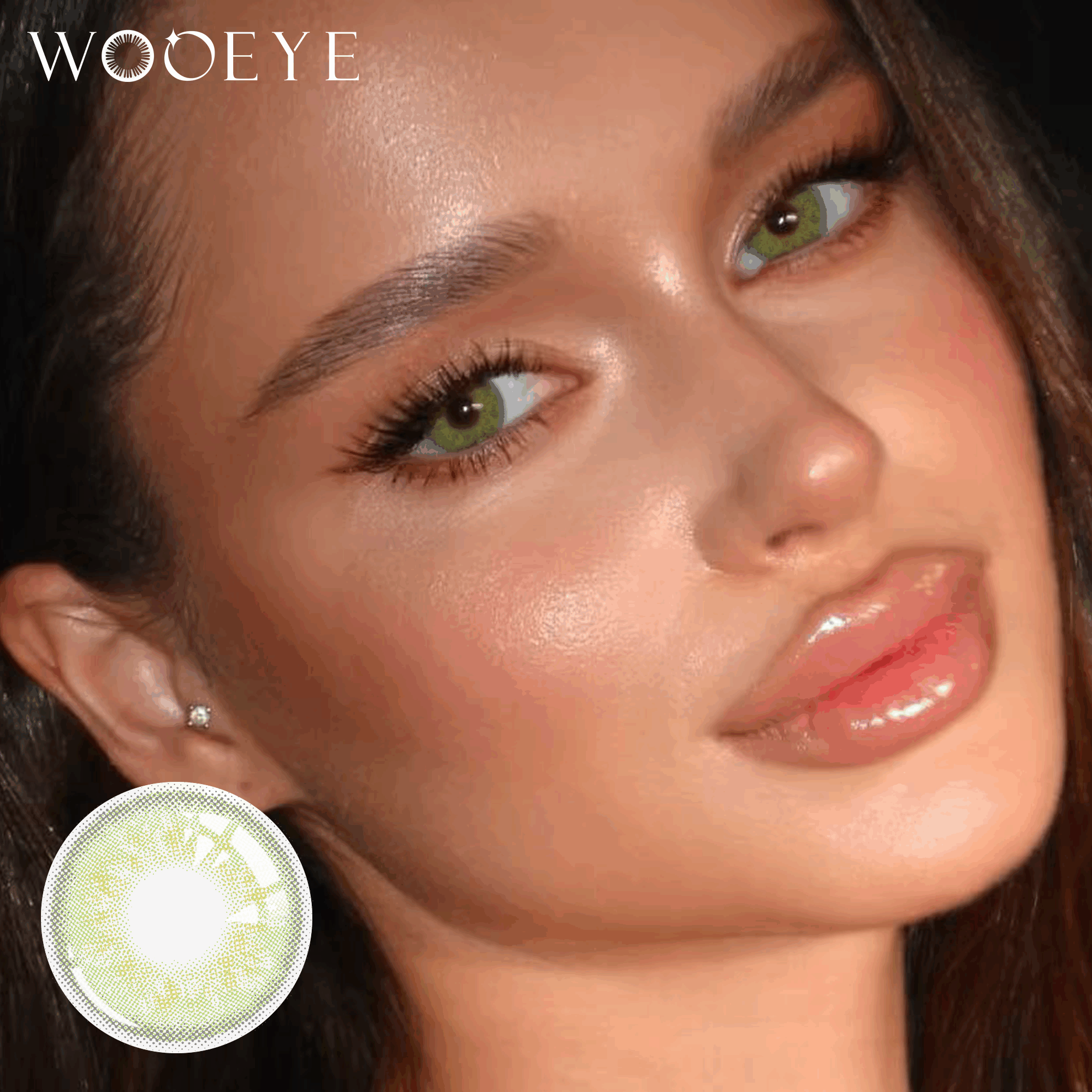The girl's face is looking straight ahead, the upper left is the Wooeye logo, and the lower left is a close-up of the russian green contact lens