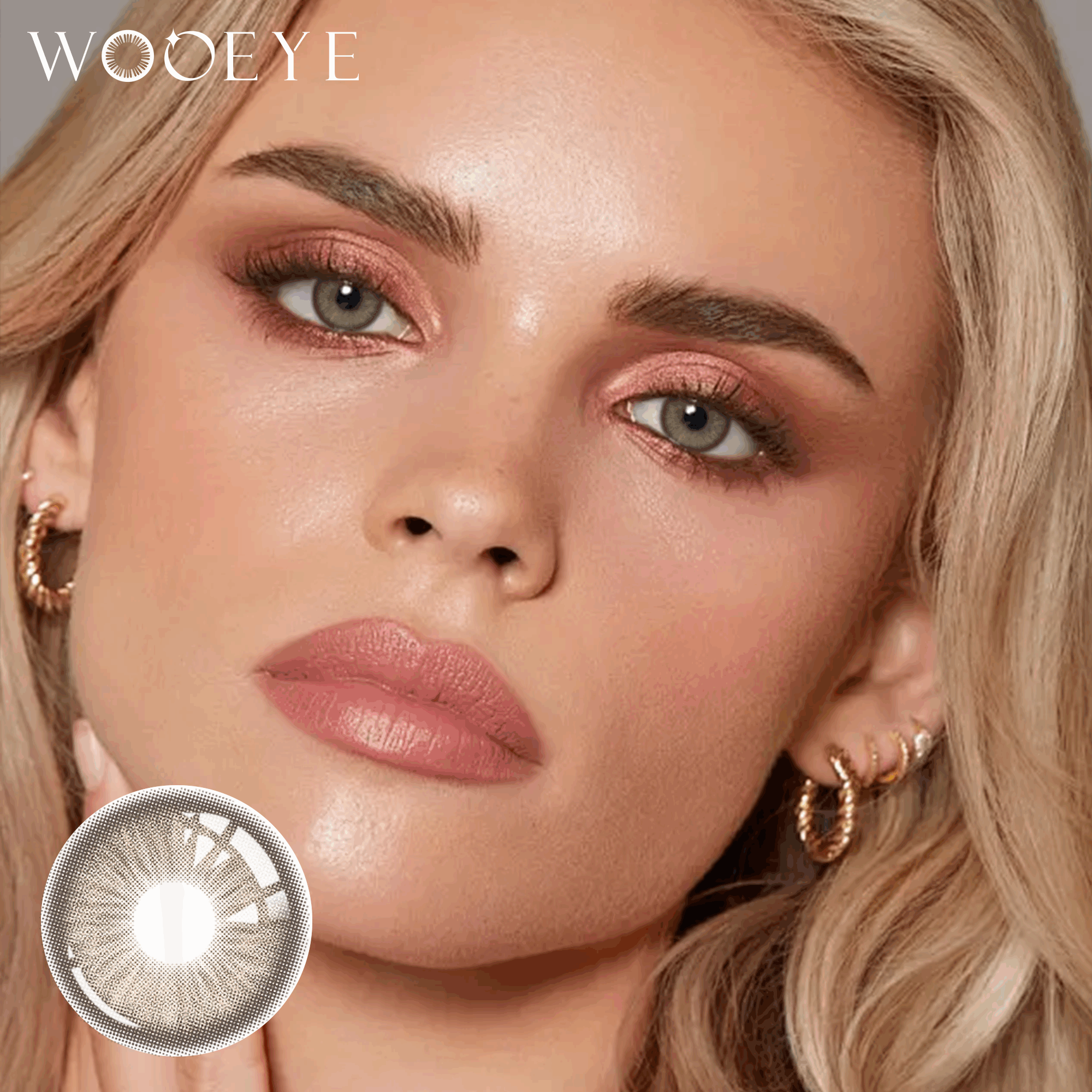 The girl's face is looking straight ahead, the upper left is the Wooeye logo, and the lower left is a close-up of the baroque brown contact lens