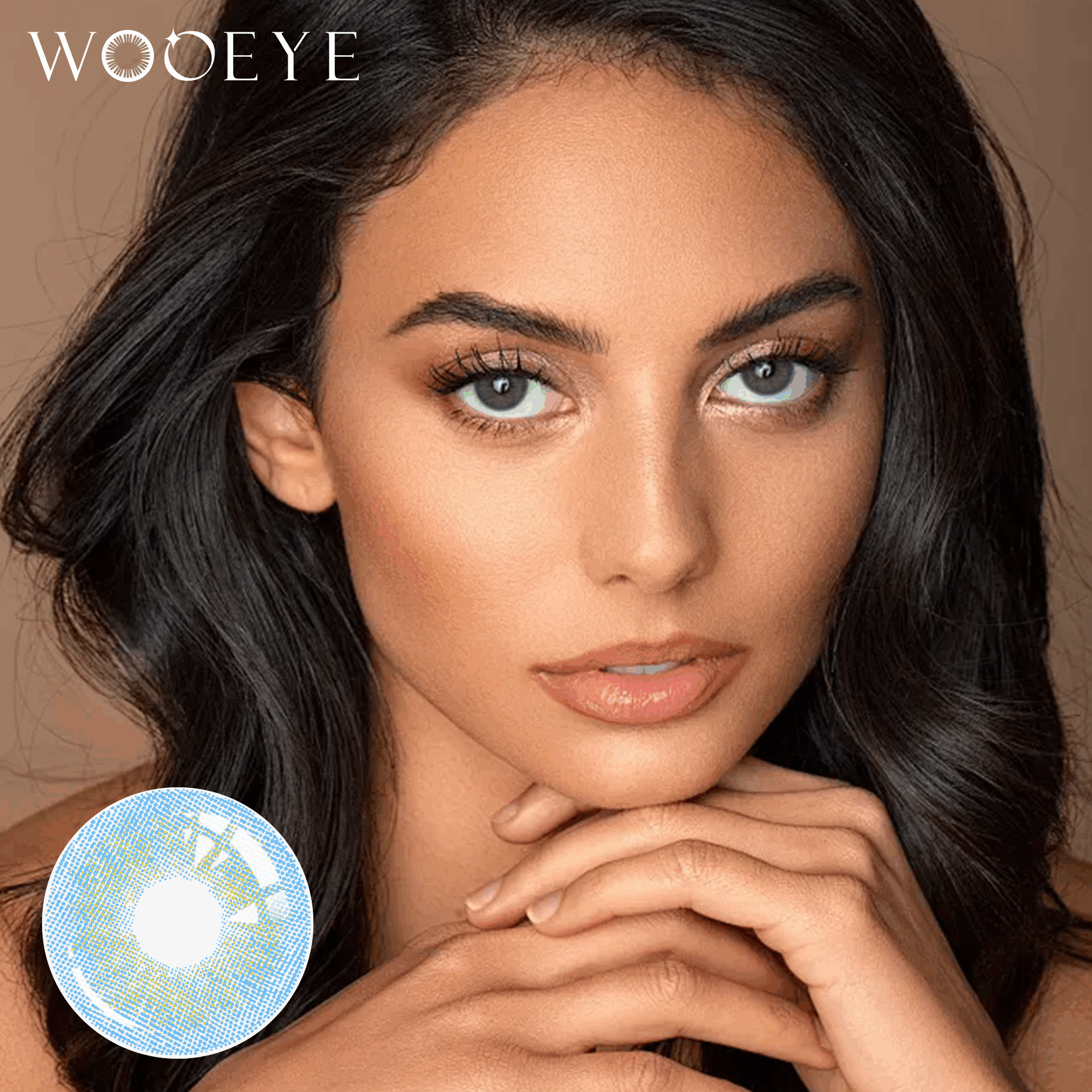 The girl's face is looking straight ahead, the upper left is the Wooeye logo, and the lower left is a close-up of the banshe biue contact lens