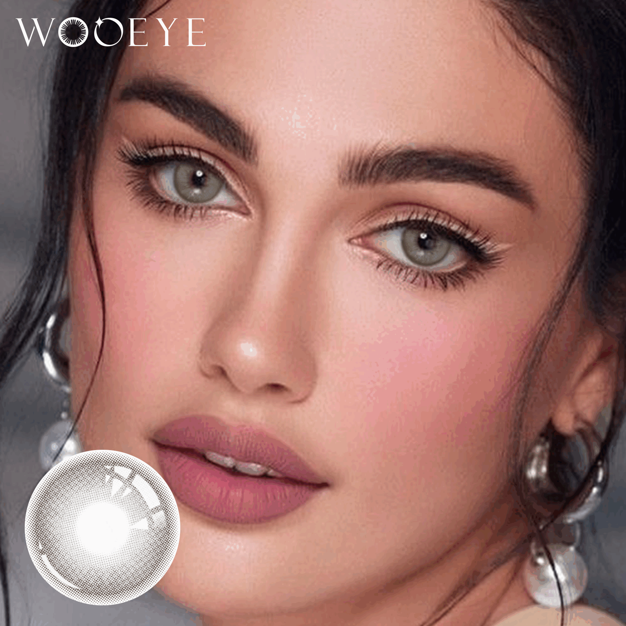 The girl's face is looking straight ahead, the upper left is the Wooeye logo, and the lower left is a close-up of the frozn grey contact lens