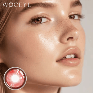 The girl's face is looking straight ahead, the upper left is the Wooeye logo, and the lower left is a close-up of the thermo aura red contact lens