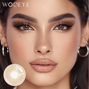 The girl's face is looking straight ahead, the upper left is the Wooeye logo, and the lower left is a close-up of the banshe brown contact lens