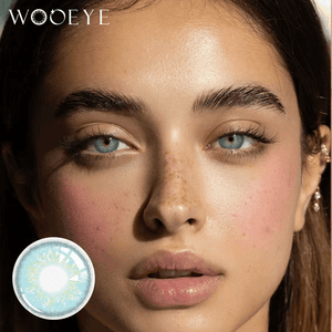 The girl's face is looking straight ahead, the upper left is the Wooeye logo, and the lower left is a close-up of the russian biue contact lens