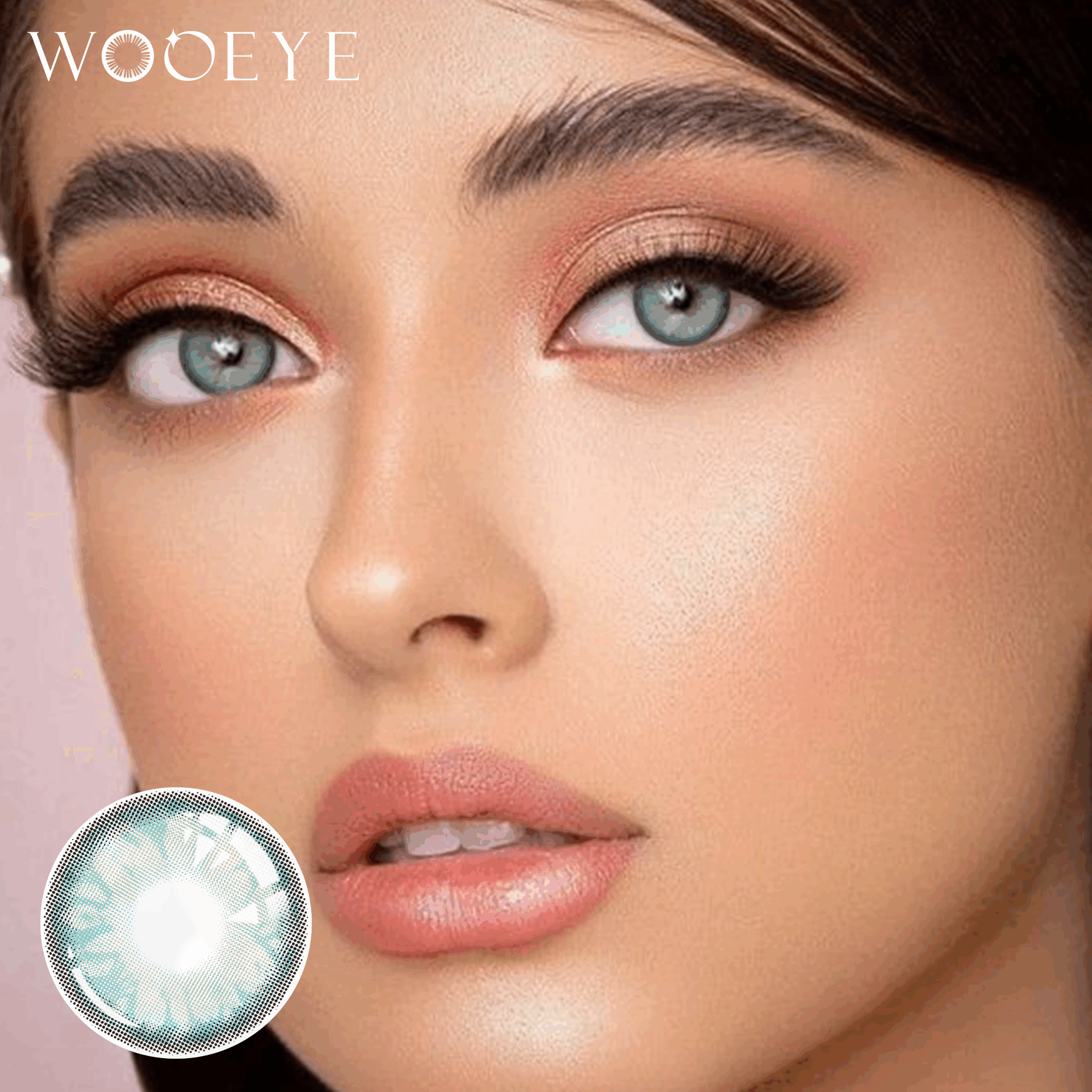 The girl's face is looking straight ahead, the upper left is the Wooeye logo, and the lower left is a close-up of the gem green contact lens