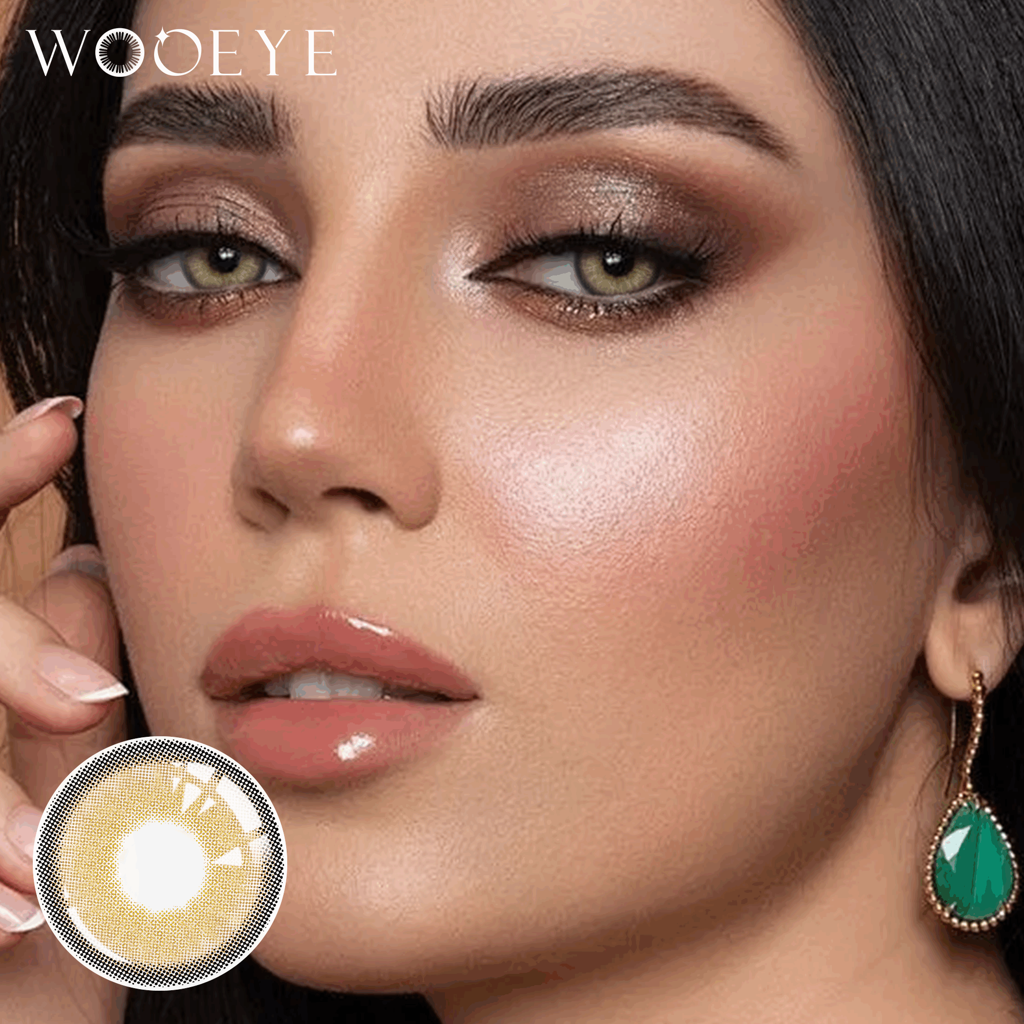 The girl's face is looking straight ahead, the upper left is the Wooeye logo, and the lower left is a close-up of the himalayan brown contact lens