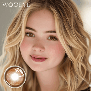 The girl's face is looking straight ahead, the upper left is the Wooeye logo, and the lower left is a close-up of the thermo aura brown contact lens