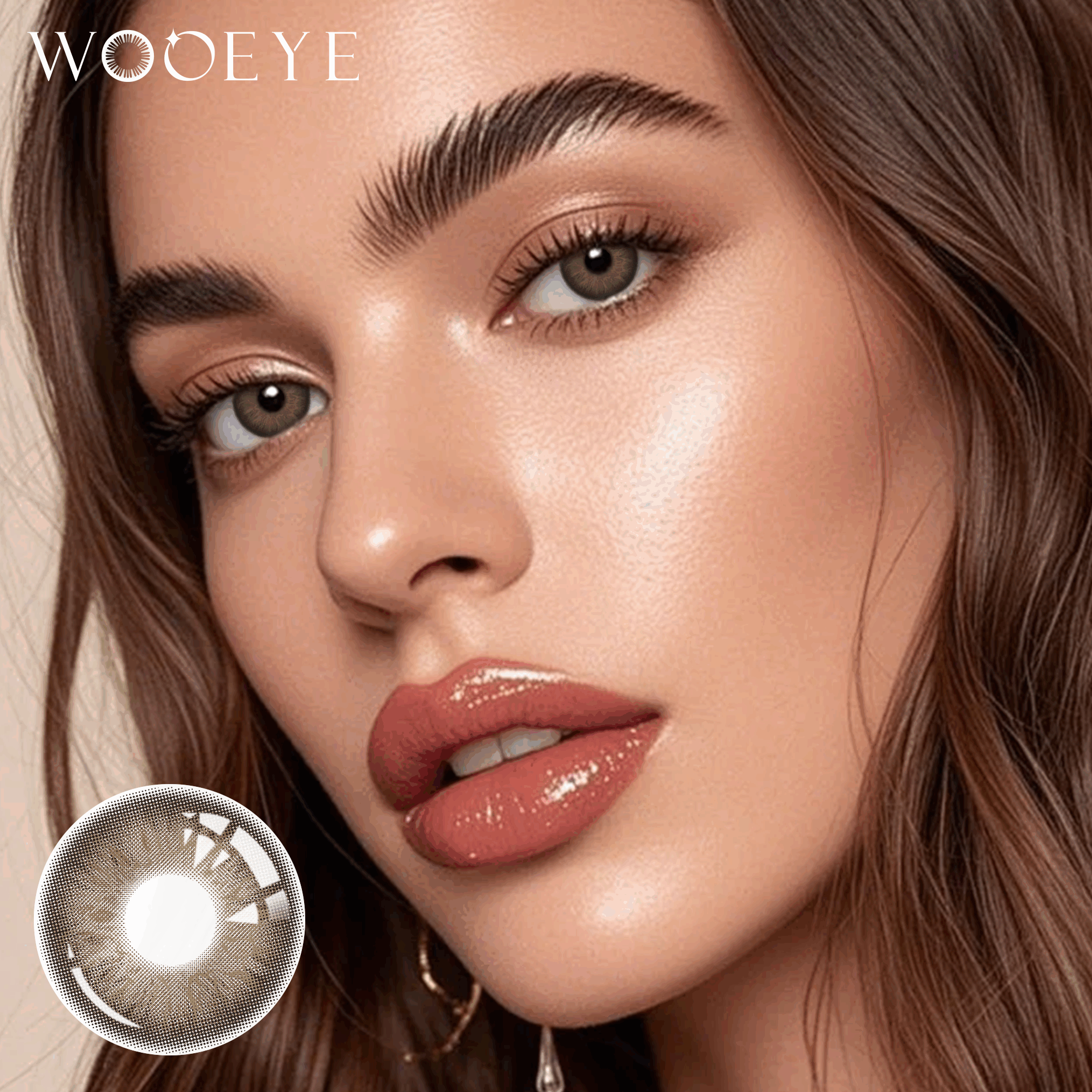 The girl's face is looking straight ahead, the upper left is the Wooeye logo, and the lower left is a close-up of the pixei brown contact lens