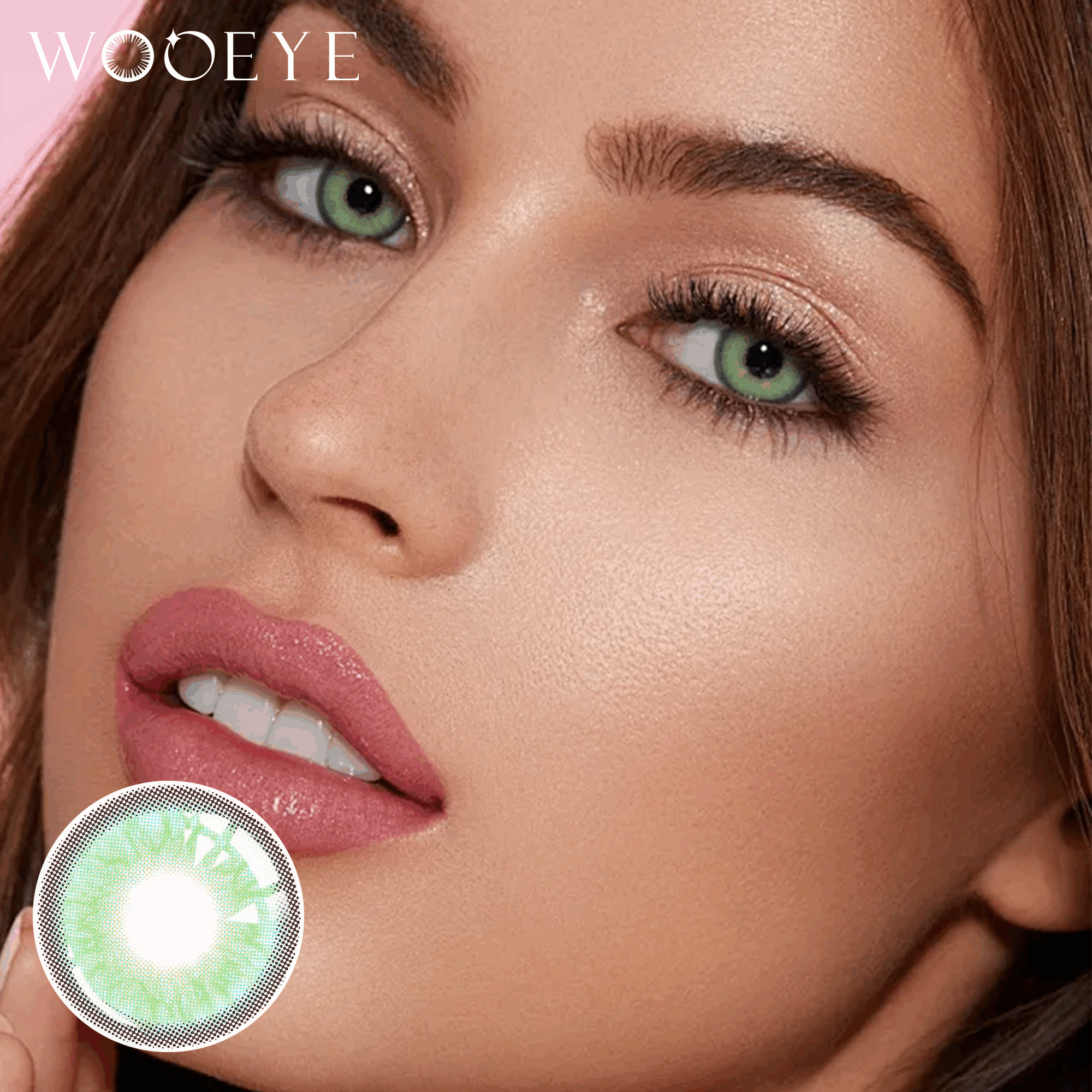 The girl's face is looking straight ahead, the upper left is the Wooeye logo, and the lower left is a close-up of the himaiay green contact lens