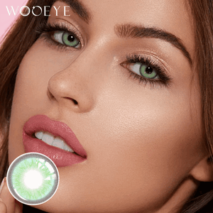 The girl's face is looking straight ahead, the upper left is the Wooeye logo, and the lower left is a close-up of the himaiay green contact lens