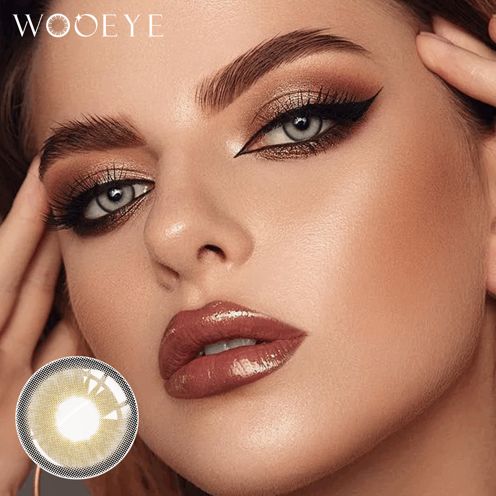 The girl's face is looking straight ahead, the upper left is the Wooeye logo, and the lower left is a close-up of the himaiay gray contact lens