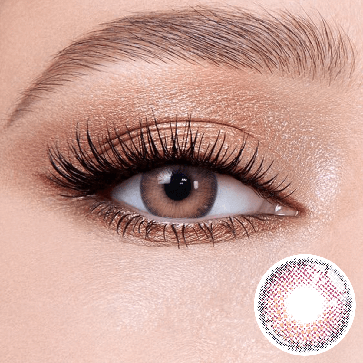 Romantic Purple contact lenses on the eyes, close-up of the product on the lower right