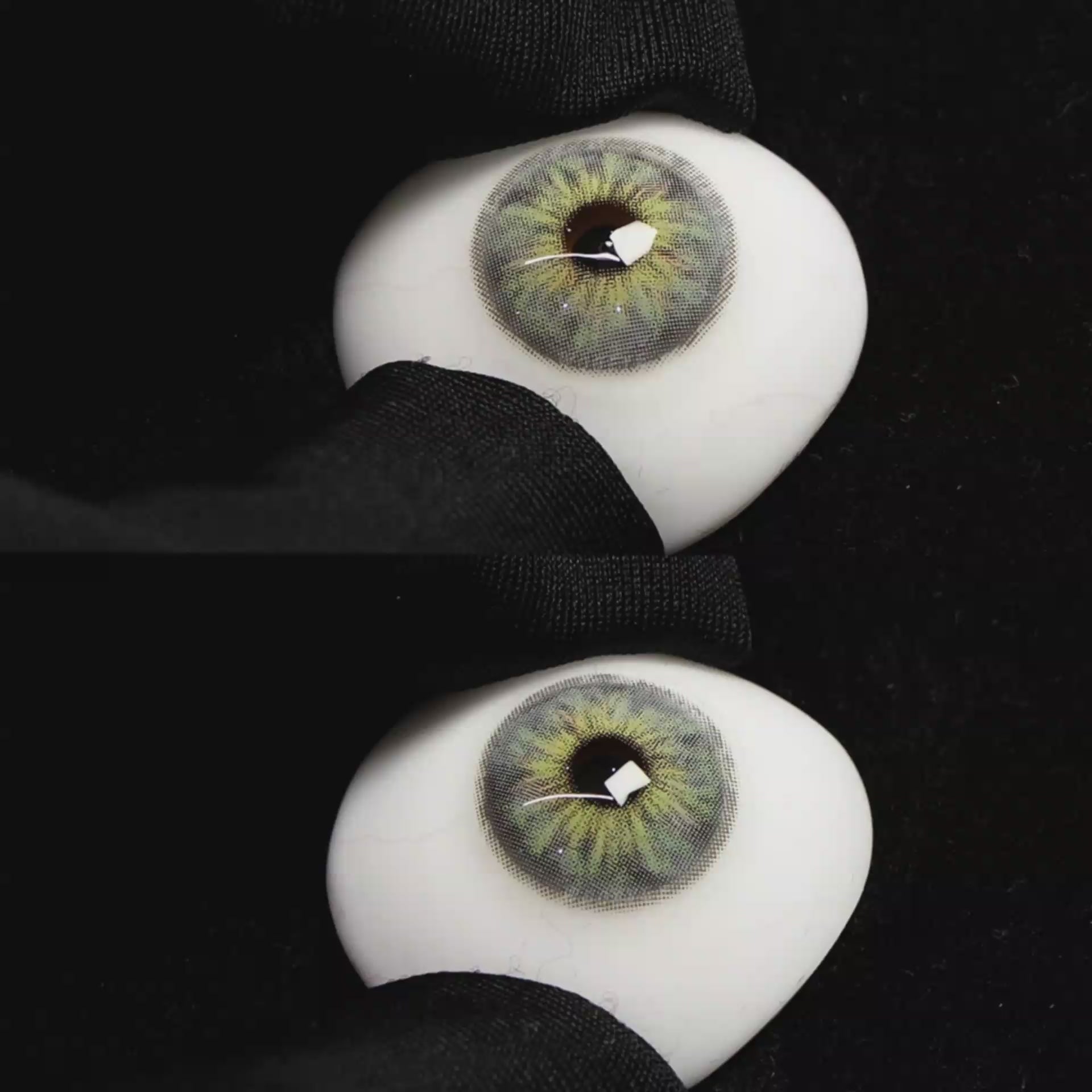 A simulated brown prosthetic eye showing the visual transformation effect of wearing Wooeye Cleo Gray colored contact lenses against a black background.