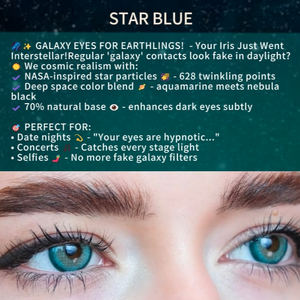 Close-up of eyes wearing Star Blue "Galaxy Eyes" contact lenses. The product description highlights "NASA-inspired star particles" and a "deep space color blend."