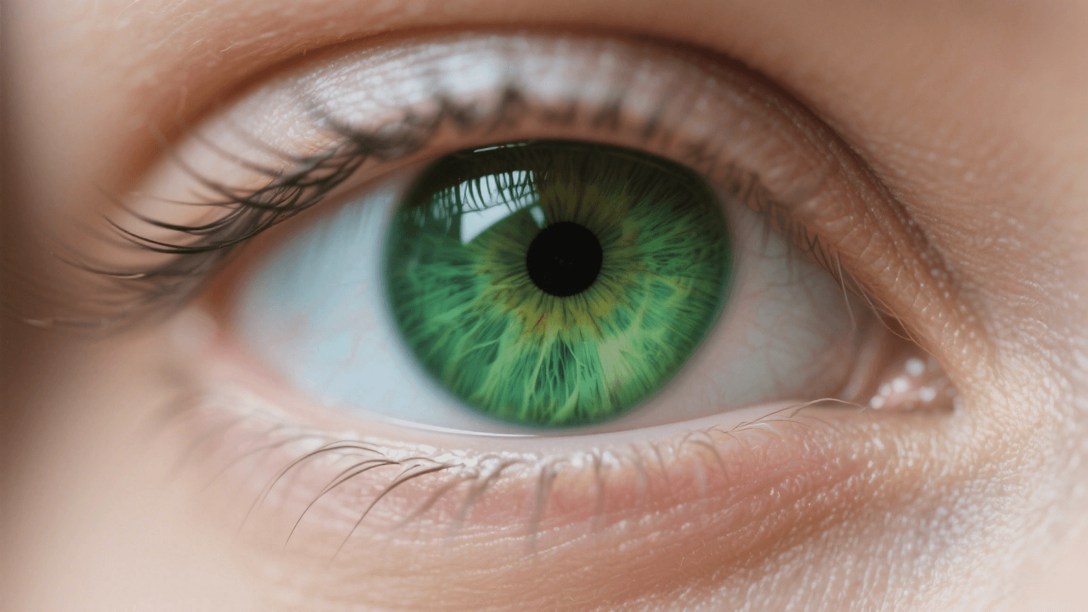 Close-up of a emerald green human eye showing natural beauty, clarity, and calm expression.