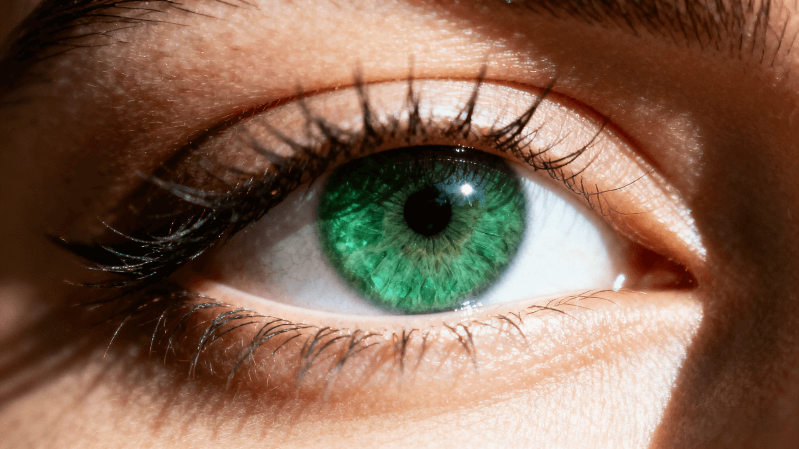 Close-up of a gemstone green human eye showing natural beauty, clarity, and calm expression.