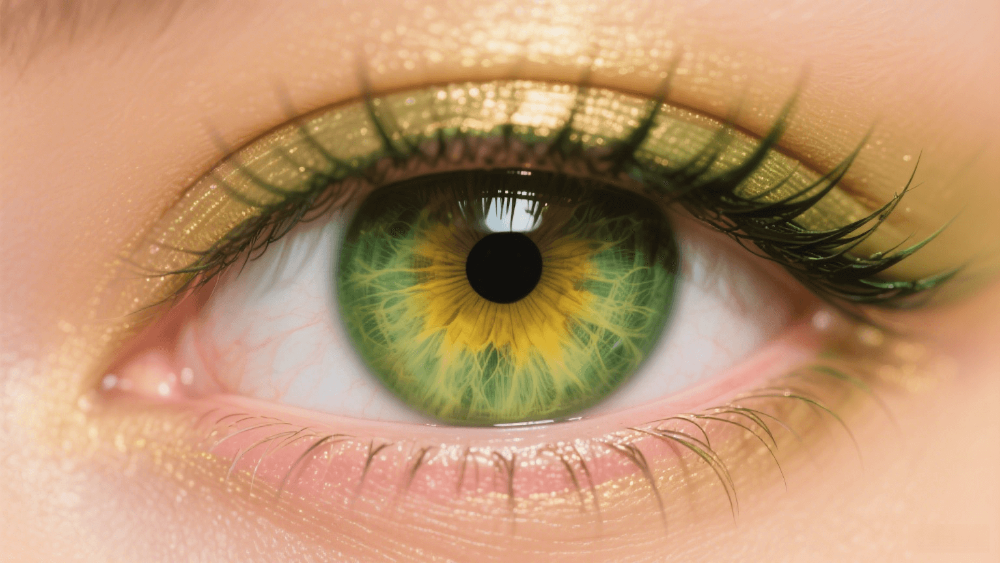 Close-up of a golden green eye with intricate iris details and long eyelashes.