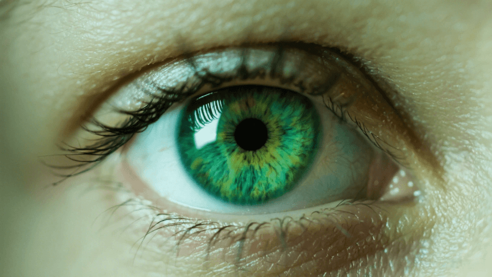 Close-up of a bright green human eye showing natural beauty, clarity, and calm expression.