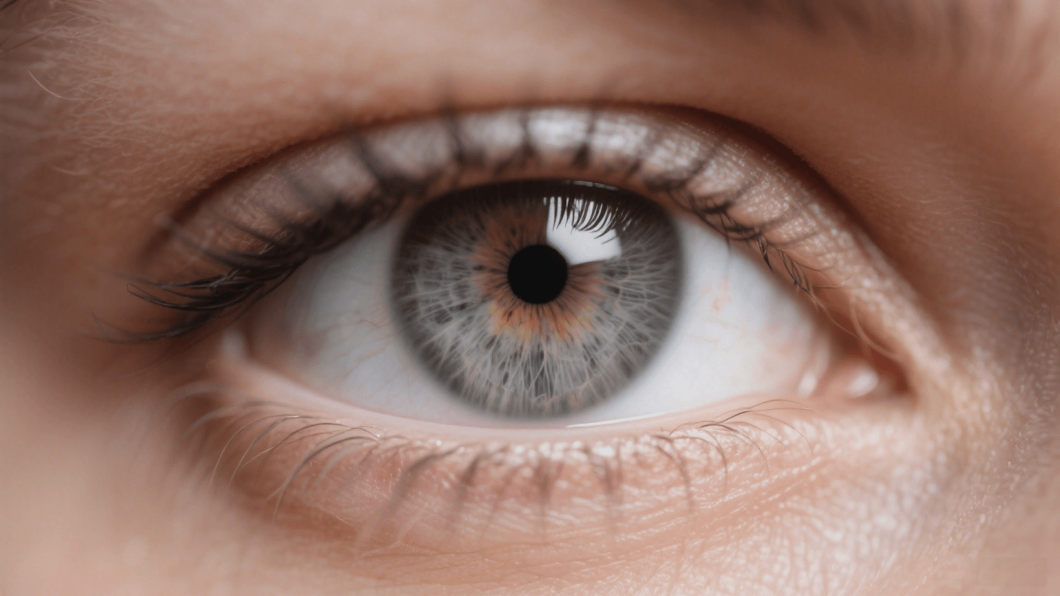 Close-up of a gray hazel eye with intricate iris details and long eyelashes.