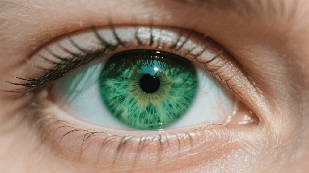 Close-up of a sea green eye with intricate iris details and long eyelashes.