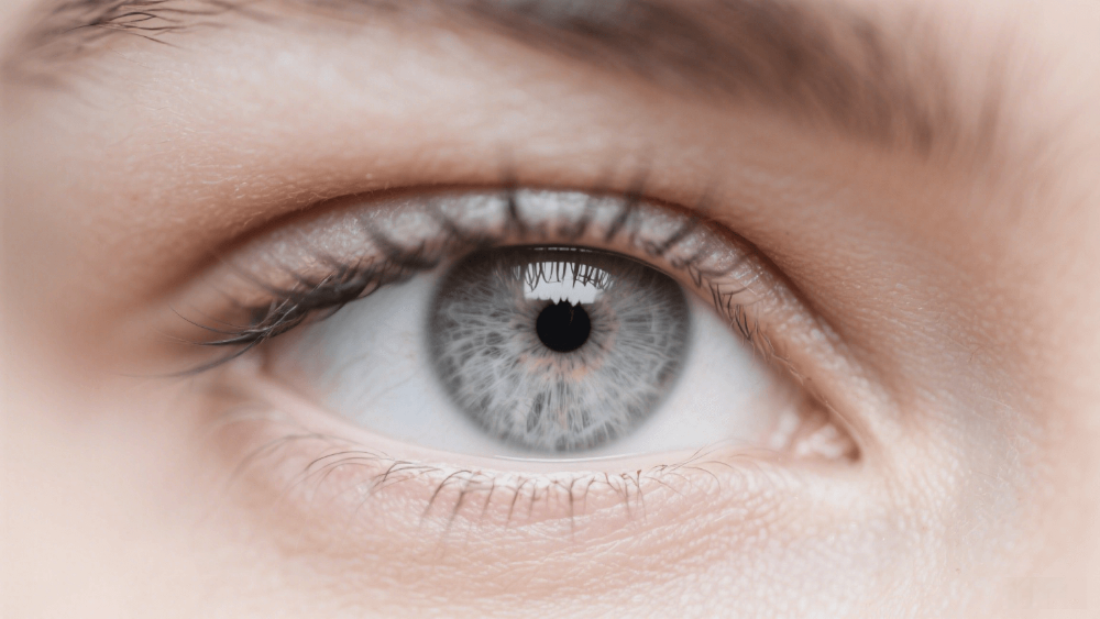 Close-up of a light gray human eye showing natural beauty, clarity, and calm expression.