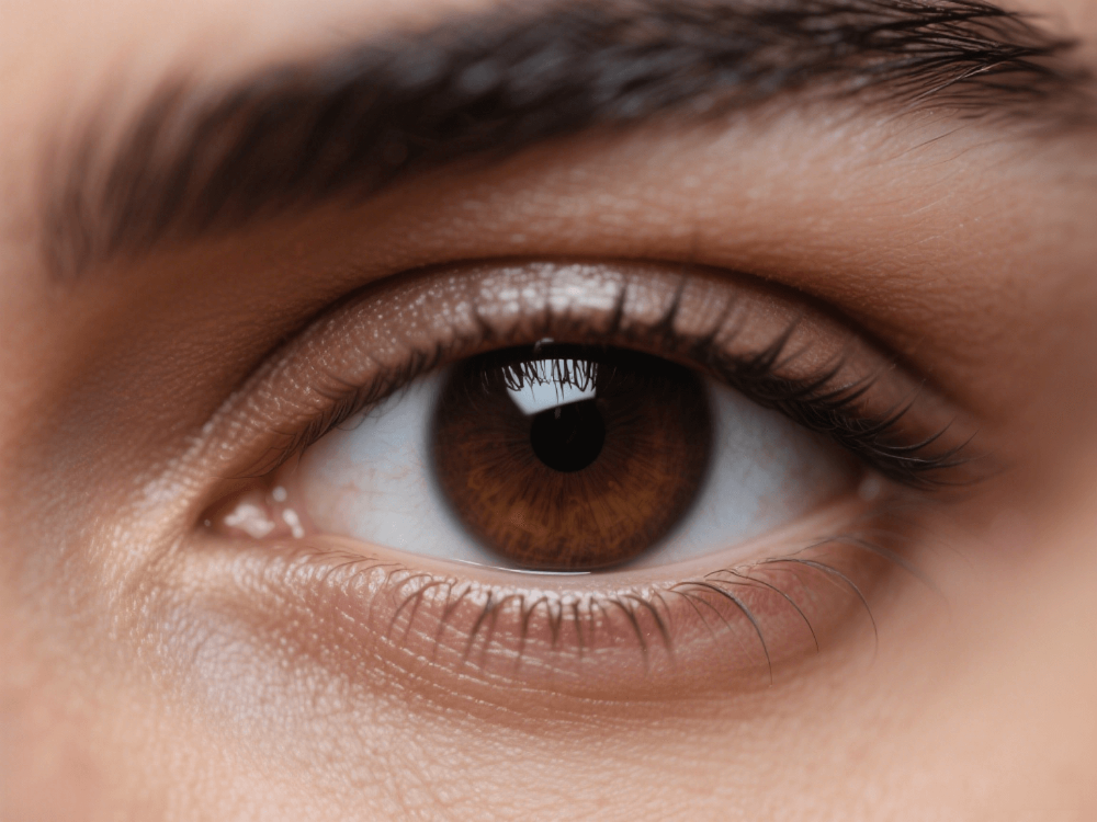 Close-up of a dark brown eye with intricate iris details and long eyelashes.