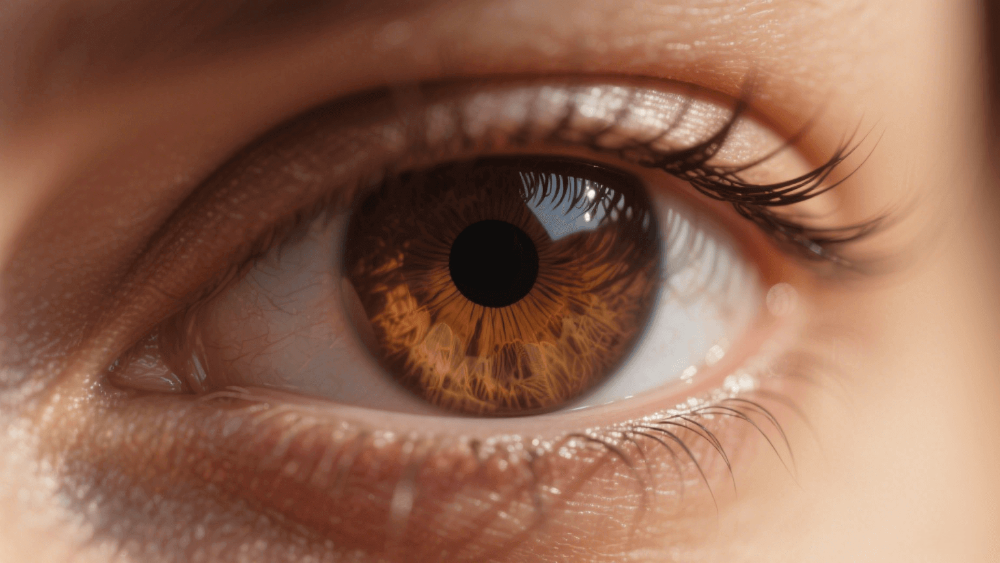 Close-up of a hazel brown eye with intricate iris details and long eyelashes.