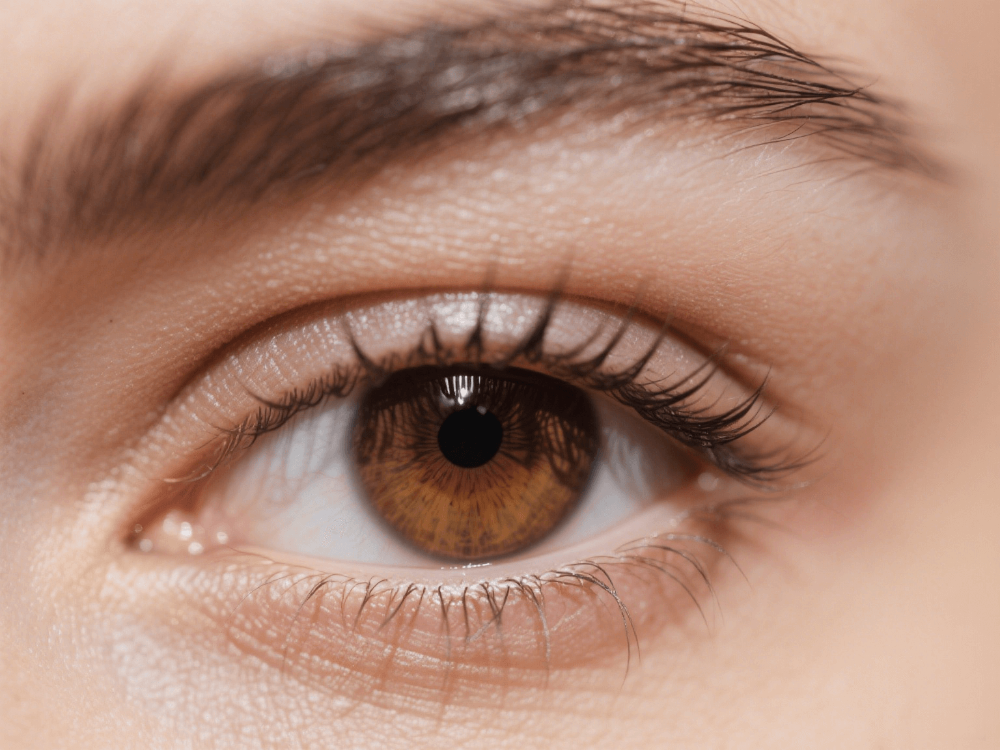Close-up of a light brown eye with intricate iris details and long eyelashes.