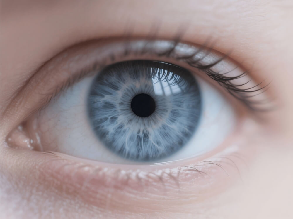 Close-up of a blue gray eye with intricate iris details and long eyelashes.