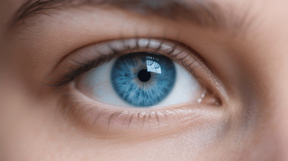 Close-up of a blue hazel eye with intricate iris details and long eyelashes.