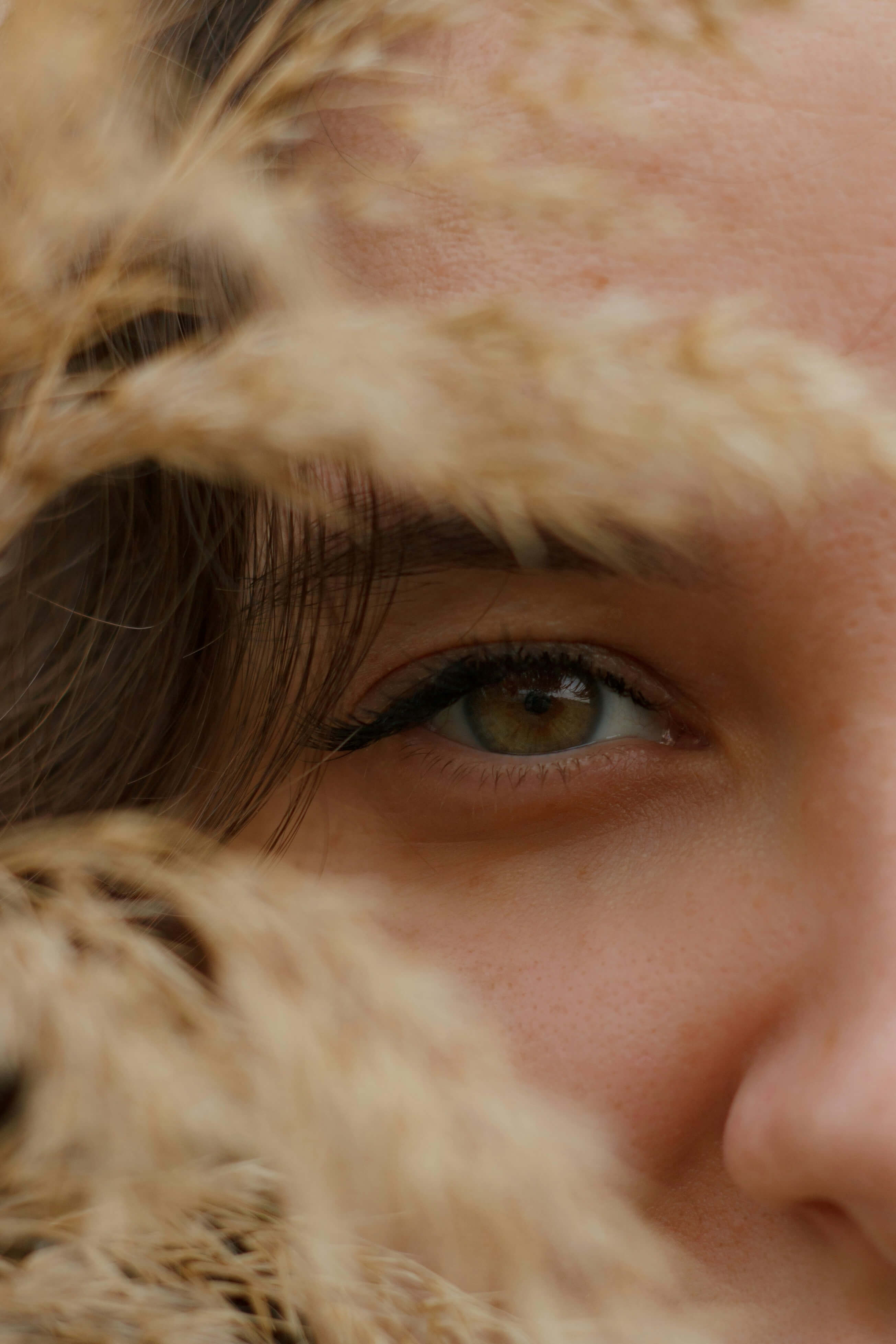 Close-up of a person's eye with chestnut brown eye, partially hidden by soft, light-colored plants.